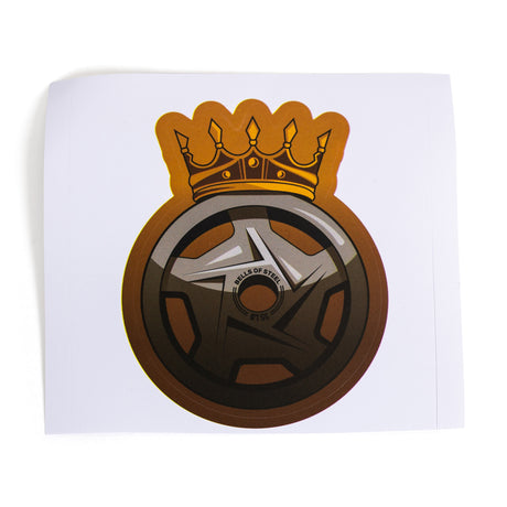 The Bells of Steel Stickers feature a die-cut car wheel with five spokes, "Wheels of Steel" text, and a gold crown on a white background—ideal for anyone wanting durable stickers with bold style.