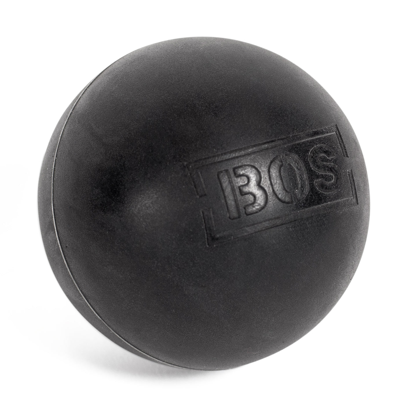 A black Bells of Steel massage ball featuring textured "BOS" lettering rests elegantly on a white background. This versatile tool enhances muscle massage, offers targeted relief, and improves flexibility.