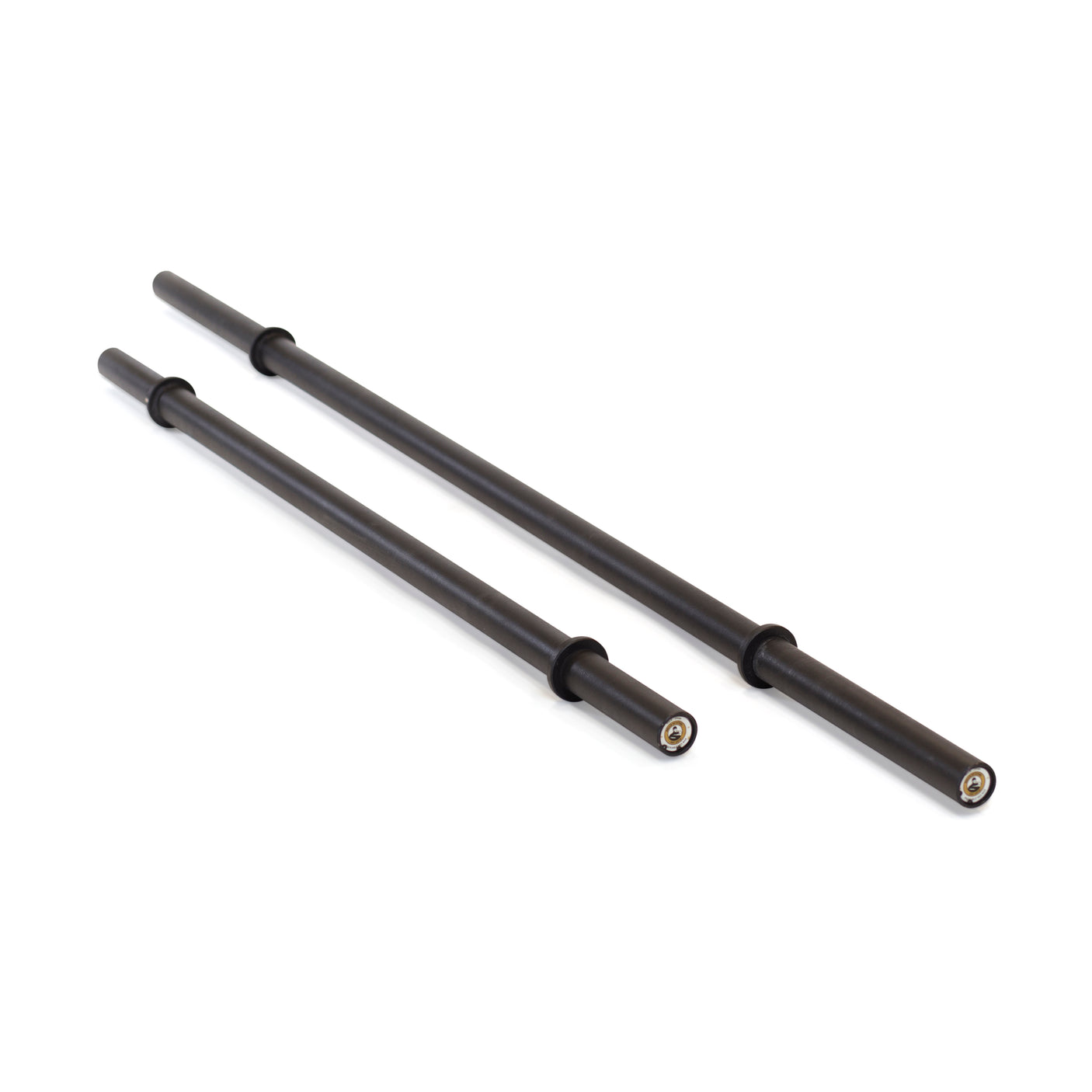 Two black Axle Bars by Bells of Steel, with smooth shafts and collars, are shown side by side on a white background—perfect for strongman training and enhancing grip strength.