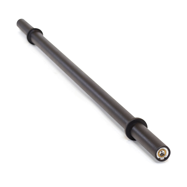 The Bells of Steel Axle Bars, made of black metal with two collars, are placed diagonally on a white background. One end displays the metal sleeve and inner ring—perfect for strongman grip strength training.