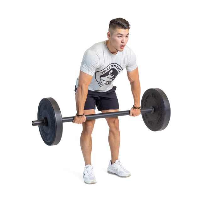 A person in a gray t-shirt, black shorts, and white sneakers performs a barbell deadlift with Axle Bars by Bells of Steel, showcasing strongman training and impressive grip strength on a white background.