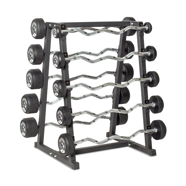 The Bells of Steel Fixed Barbells - Easy Curl feature round black weights on each end and are neatly organized on a sleek black metal rack with four tiers—making them ideal for keeping your home gym tidy and accessible.