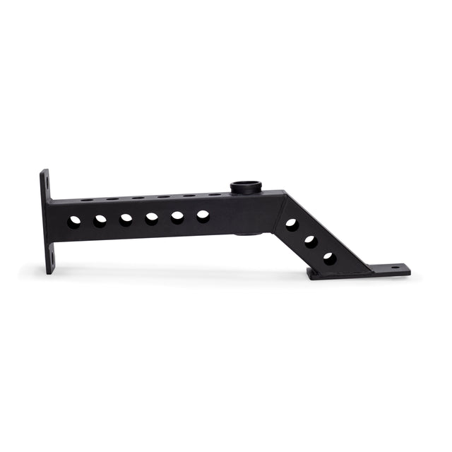 The Bells of Steel Front Foot Stabilizers are black metal brackets with multiple circular holes, featuring horizontal and vertical mounting plates connected by an angled arm, designed to stabilize the front of a power rack.