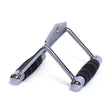A close-up of the Bells of Steel Double D Handle Cable Attachment, featuring black rubber grips, designed for cable machines and ideal for strength training and gym workouts.