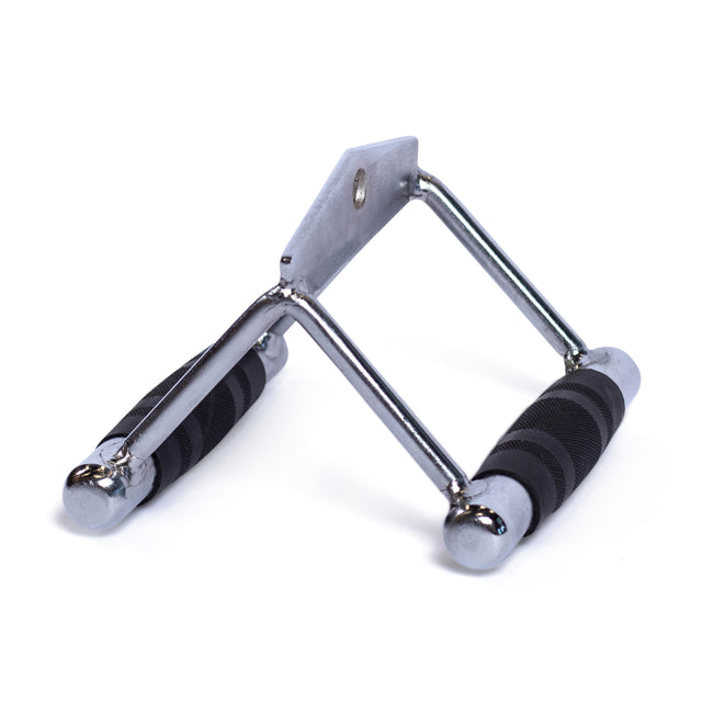 A close-up of the Bells of Steel Double D Handle Cable Attachment, featuring black rubber grips, designed for cable machines and ideal for strength training and gym workouts.