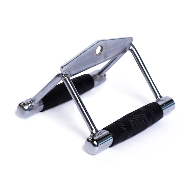 A close-up of the Bells of Steel Double D Handle Cable Attachment, a chrome gym accessory with black rubber grips for cable machines, shown on a white background.