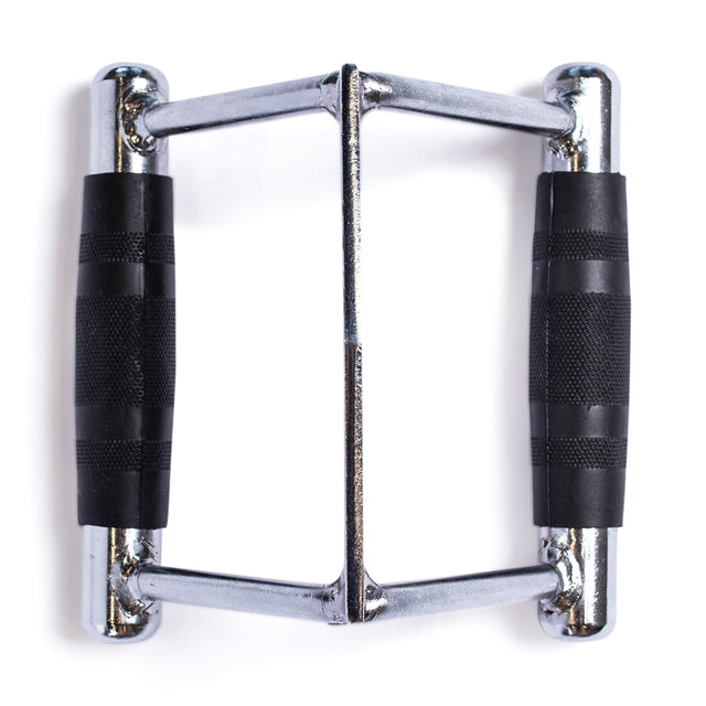 A close-up of the Bells of Steel Double D Handle Cable Attachment, featuring black rubber grips for strength training exercises, photographed against a white background.