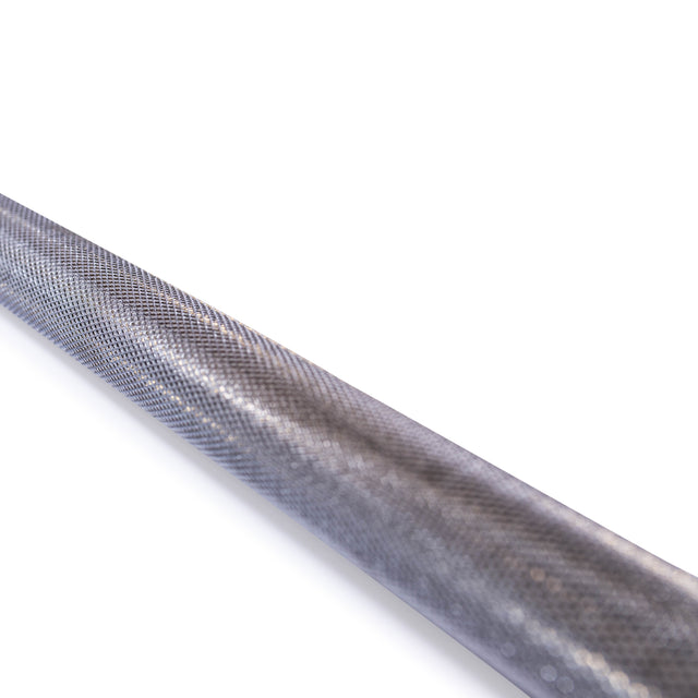 Close-up of a Bells of Steel Double Hook Straight Bar Cable Attachment, featuring a diamond-patterned knurled grip on its metallic cylindrical surface, set against a white background.
