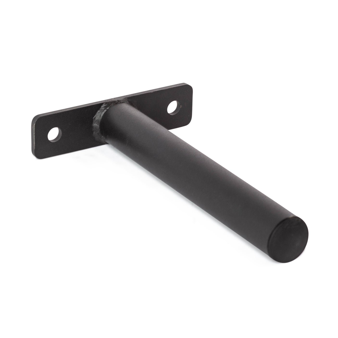 The Bells of Steel Bolt-On Plate Pegs are black metal wall brackets with rectangular base plates (two mounting holes) and cylindrical rods for storing Olympic weight plates, inspired by rack-mountable pegs on power racks.
