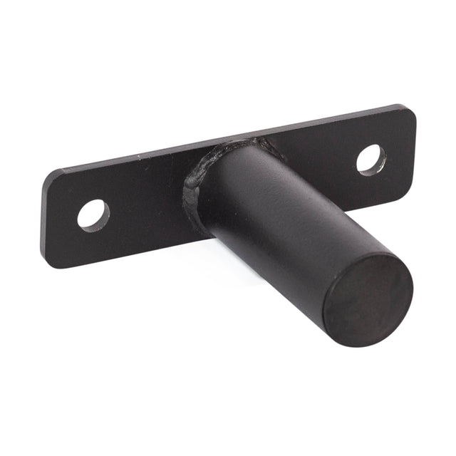 The Bells of Steel Bolt-On Plate Pegs are black metal brackets with flat mounting plates, two holes, and a cylindrical peg, designed to rack-mount and store Olympic weight plates on your power rack.