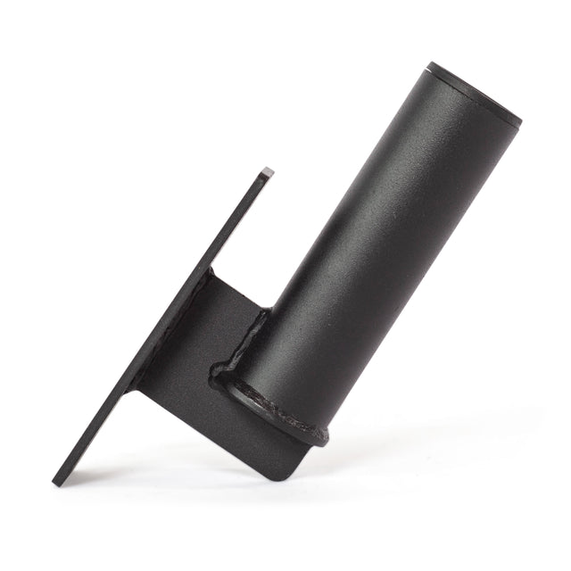 The Bells of Steel Vertical Mount Barbell Holder Rack Attachment features a sturdy black metal design with a cylindrical tube and flat base with mounting holes, offering secure, space-saving barbell storage. Photographed on white.