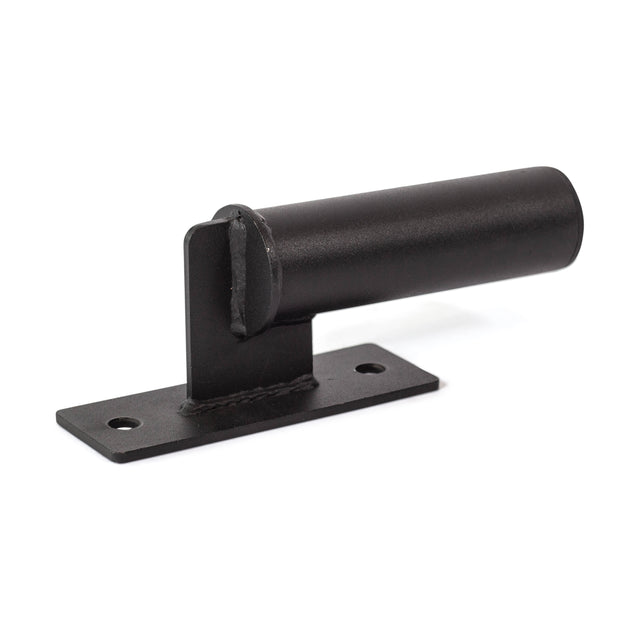 The Bells of Steel Vertical Mount Barbell Holder Rack Attachment is a black metal bracket with a cylindrical holder and rectangular base featuring two screw holes—perfect for organizing barbells on your power rack.