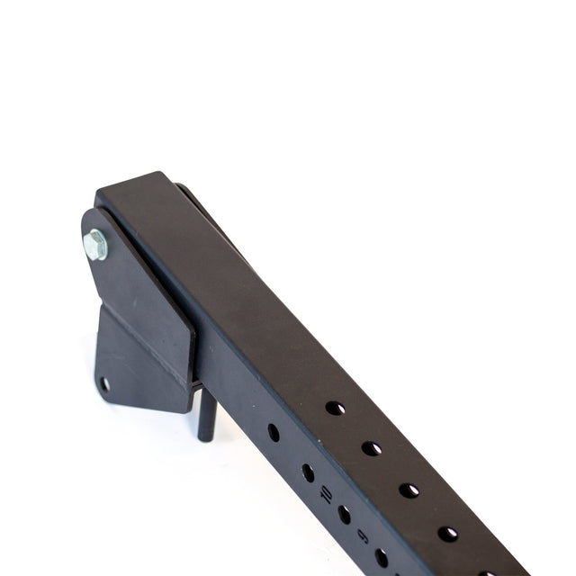 A close-up of the Bells of Steel Lever Arms Rack Attachment in black metal with multiple height-adjustment holes and a bolted hinge, shown against a white background for a space-saving setup.