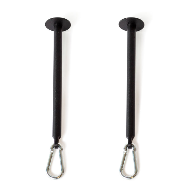 The Bells of Steel Band Pegs with Carabiners are black metal rods with round flanges and silver carabiner hooks, perfect for attaching resistance bands to your power rack. Shown parallel against a white background.