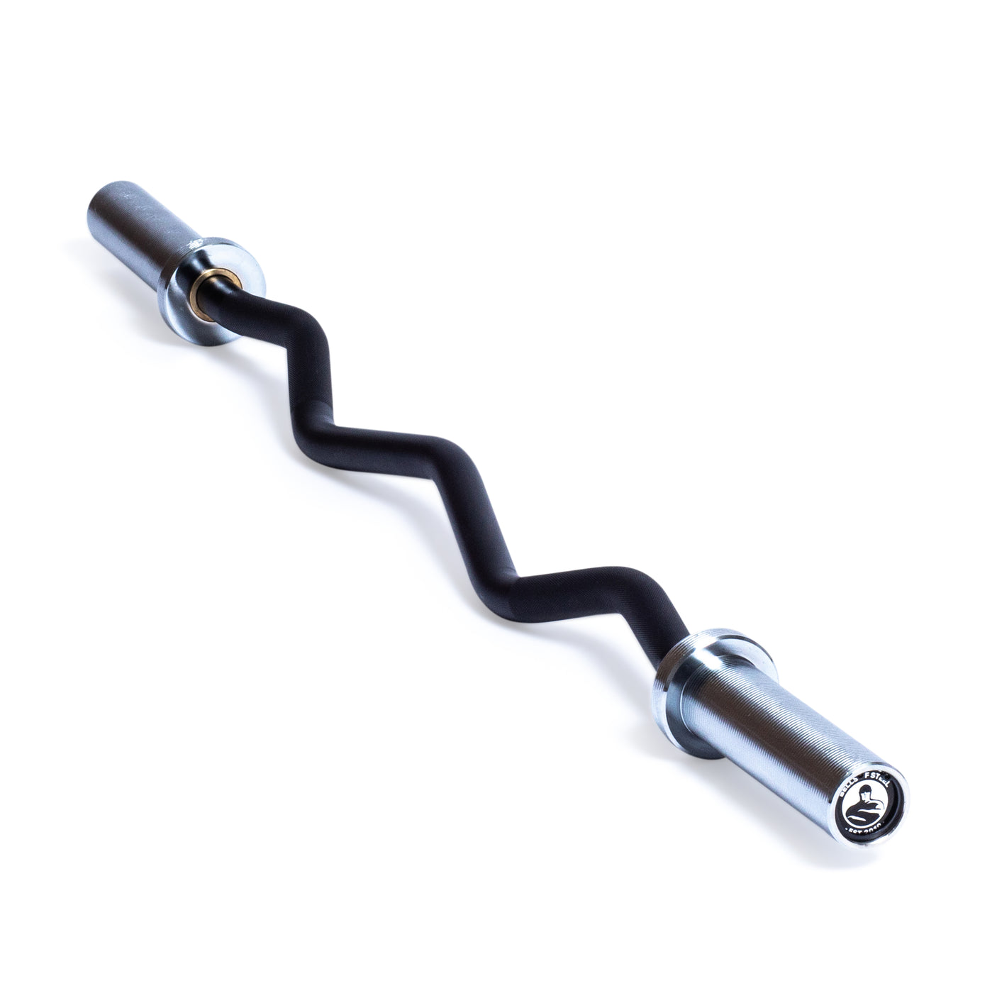 The Bells of Steel EZ Curl Bar (45") in chrome and black, featuring angled grips for targeted biceps and triceps development, is displayed on a white background.