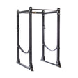 The Bells of Steel Hydra Flat Foot Power Rack - Prebuilt (3" x 3", ⅝" holes) is a black metal rack with multiple attachment points, ideal for weightlifting and strength training at home, shown on a white background.