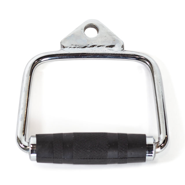 The Bells of Steel Single D Handle Cable Attachment has a black textured rubber grip and a triangular bracket with a hole for fast gym equipment attachment.