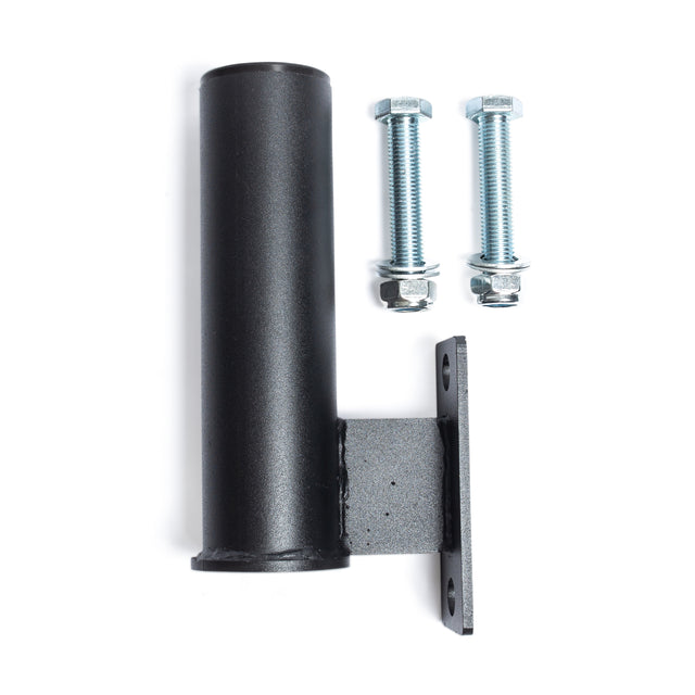 The Bells of Steel Vertical Mount Barbell Holder Rack Attachment, featuring a black cylindrical holder and rectangular base for barbell storage, is shown beside two silver bolts with nuts and washers on a white background.
