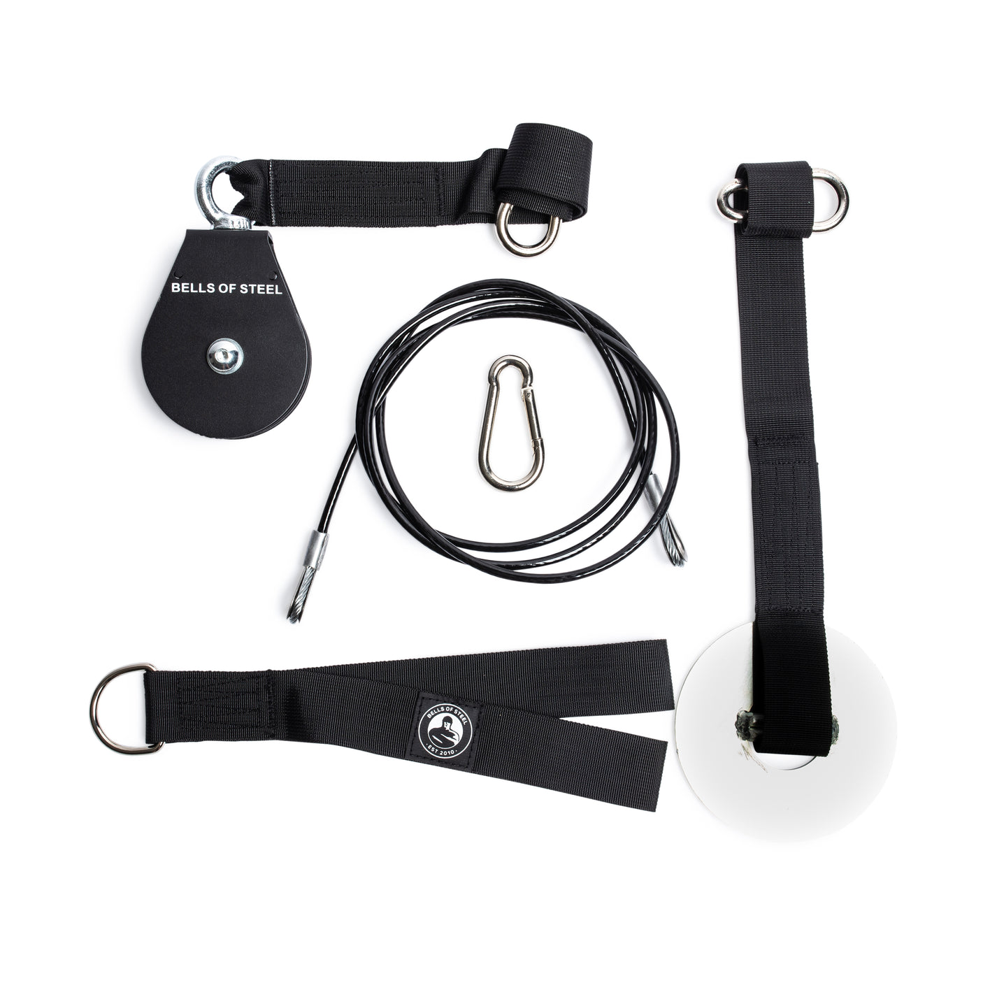 The Bells of Steel Cable Pulley set includes a pulley, carabiner, cable, and black nylon straps with metal D-rings. Arranged on a white background, this set is perfect for tricep pushdowns and more.