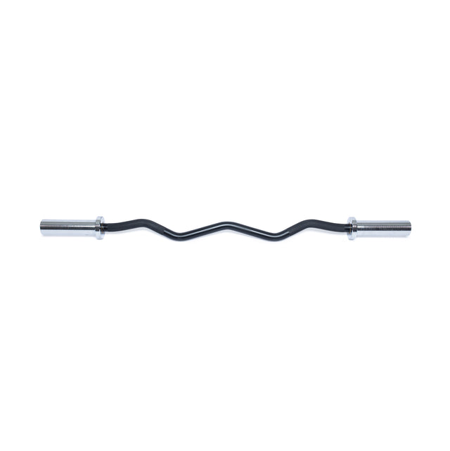 The Bells of Steel EZ Curl Bar (45") in black and silver features angled grips for biceps and triceps arm development and strength training, shown on a white background.