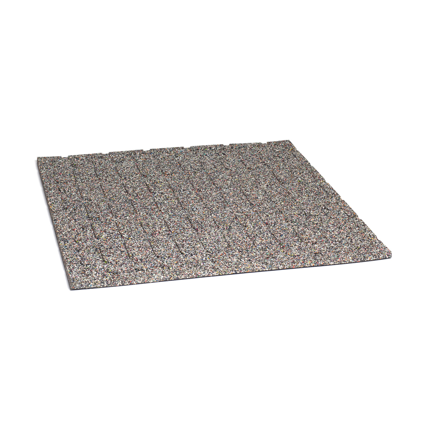 The Bells of Steel Rubber Flooring Gym Mat 39" x 39" is a gray, textured square mat with a speckled pattern and grooves for sound dampening during workouts, shown on a white background.