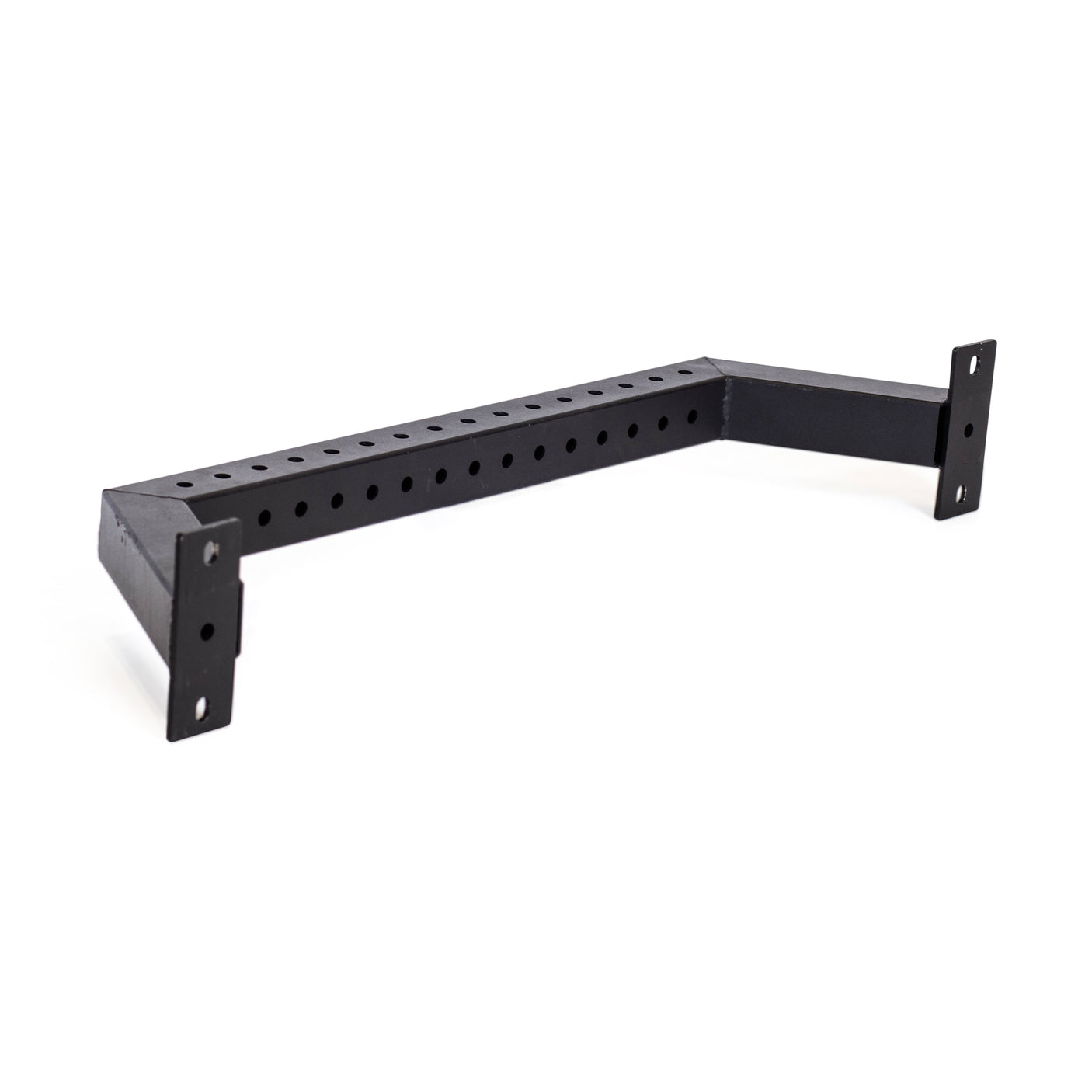 The Bells of Steel Rear Base Stabilizer is a black metal bracket with multiple central holes and mounting plates on each end, designed to support or attach to power racks with 3x3 uprights.