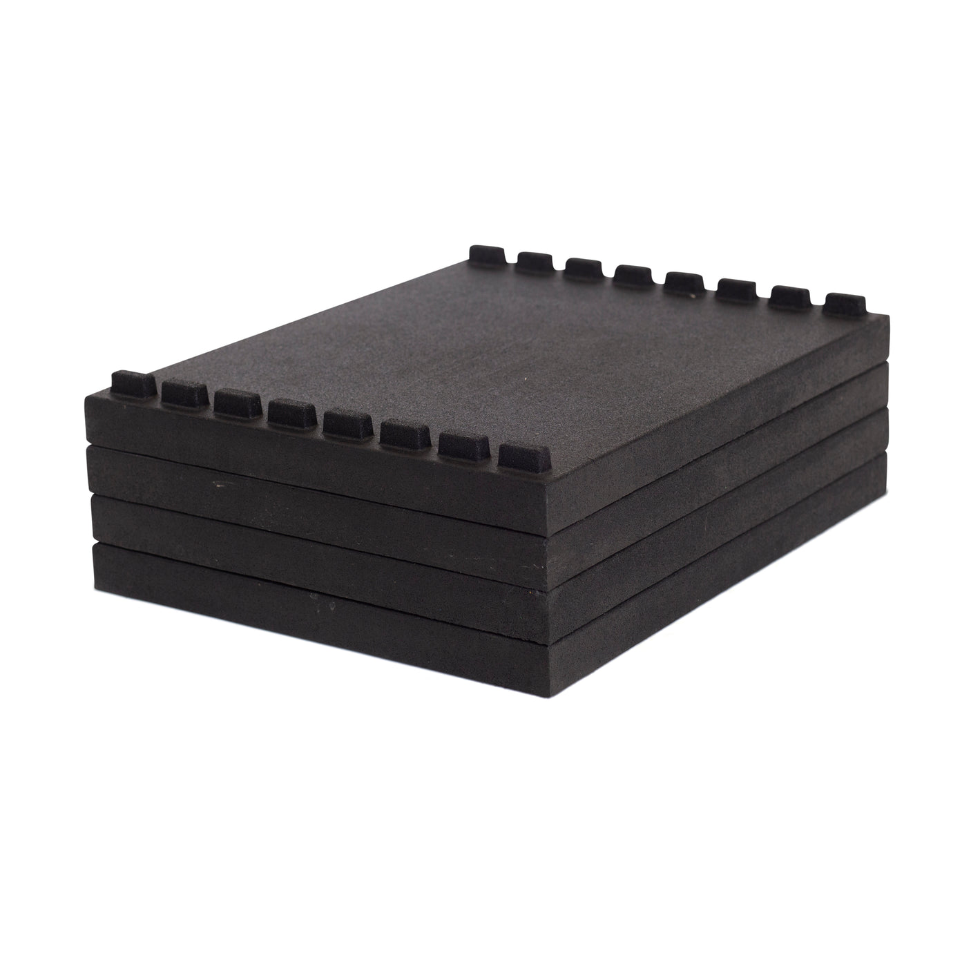 A set of five black Stackable Pull Blocks by Bells of Steel, each with interlocking notched edges and a tongue-and-groove design, ideal for customizable stacking.
