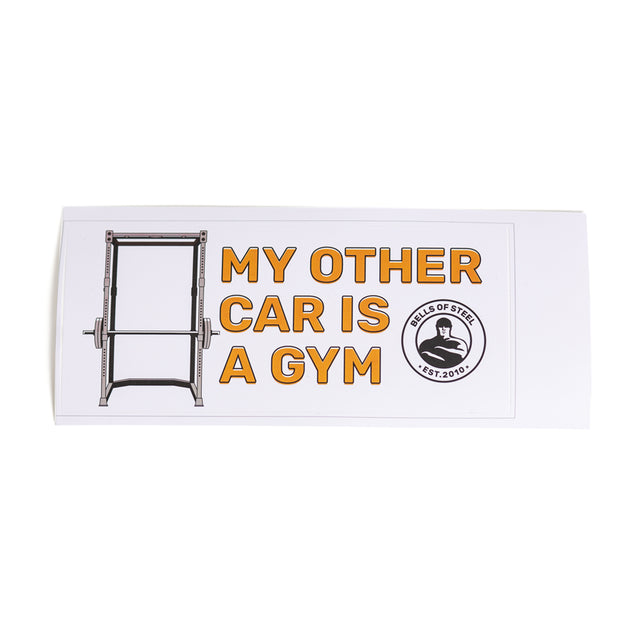 The Bells of Steel Stickers feature a rectangular, durable design with a squat rack illustration, bold orange text "MY OTHER CAR IS A GYM," and a circular brand logo—ideal for fans of die-cut stickers.