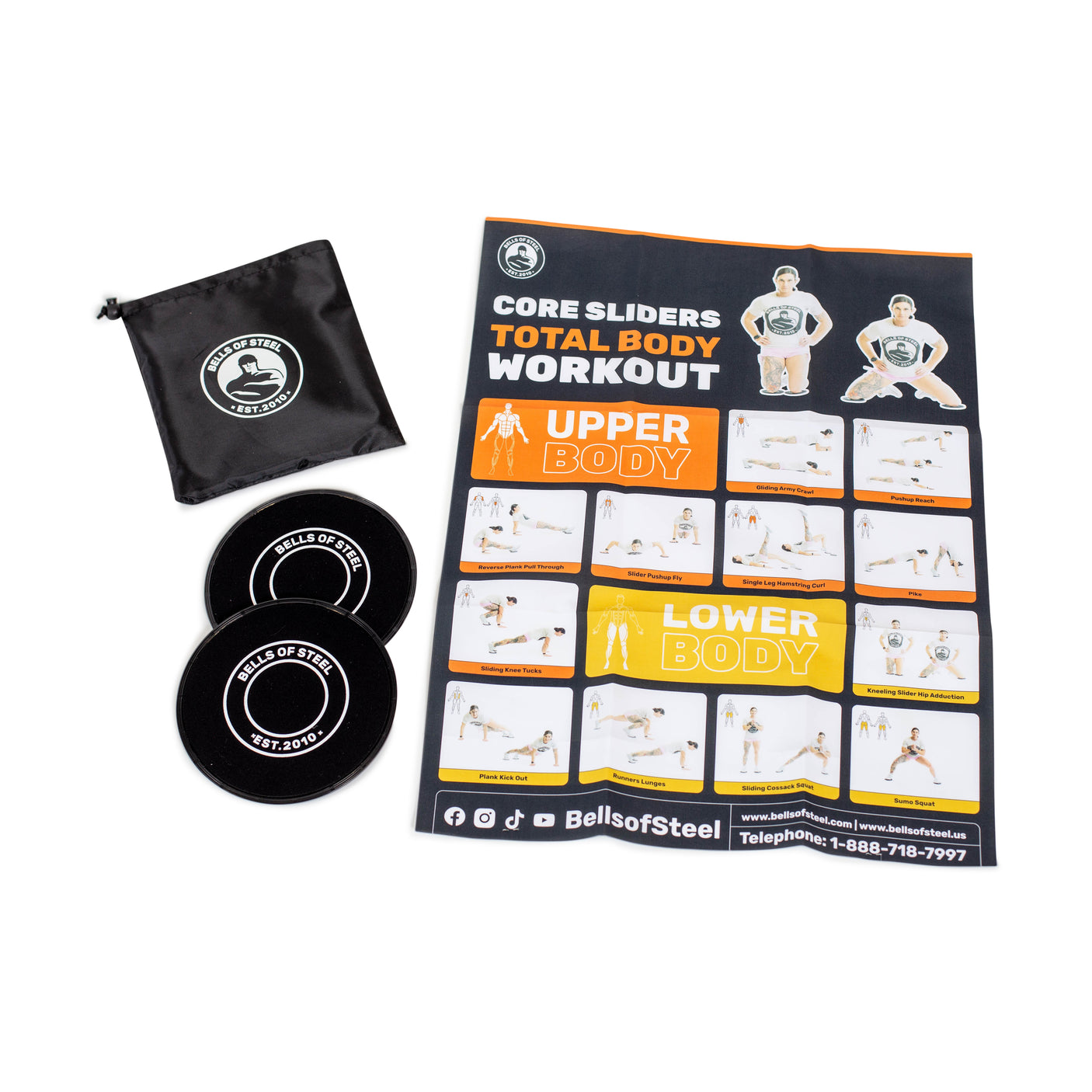 The Bells of Steel Core Sliders set includes sliders, a black storage pouch, and an illustrated workout guide with upper and lower body exercises—including sliding hamstring curls—all on a white background.