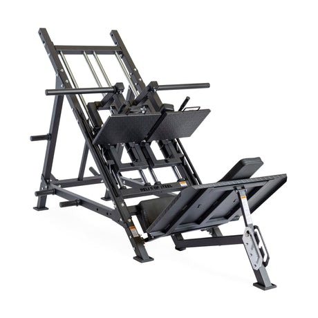 The Bells of Steel 2-in-1 Iso Leg Press & Hack Squat Machine, The Juggernaut, features black and silver design, adjustable footplates, and padded shoulder supports for versatile lower body strength training.