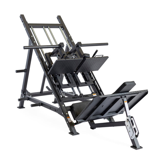 The Bells of Steel 2-in-1 Iso Leg Press & Hack Squat Machine, The Juggernaut, features black and silver design, adjustable footplates, and padded shoulder supports for versatile lower body strength training.