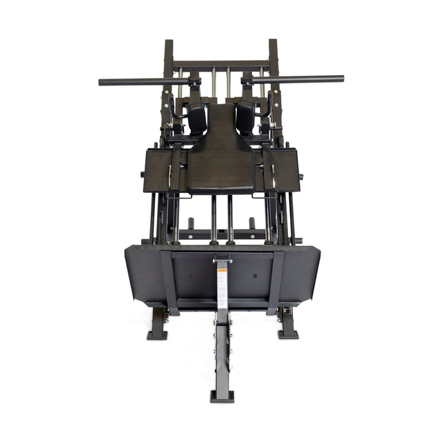 The Bells of Steel 2-in-1 Iso Leg Press & Hack Squat Machine (The Juggernaut) is a black unit with padded seat, backrest, footplate, and handles—perfect for isolateral leg workouts—shown front-facing on a white background.