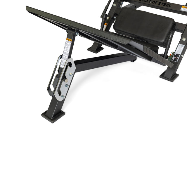 A close-up of a black adjustable weight bench with padded seat and backrest, ideal for the Bells of Steel 2-in-1 Iso Leg Press & Hack Squat Machine, The Juggernaut—perfect for enhancing your lower body workouts.