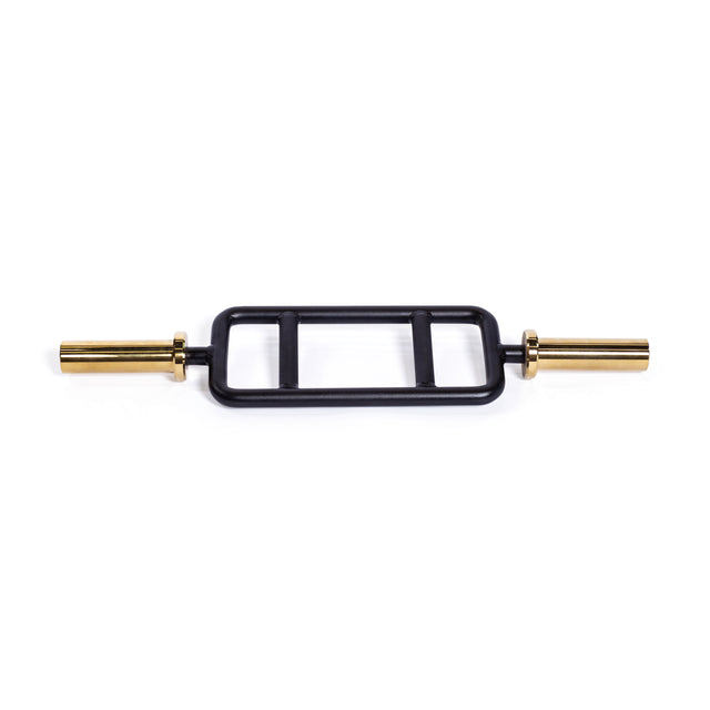 The Bells of Steel Tricep Bar, a black rectangular bar with a Cerakote finish and two gold cylindrical sleeves, features ergonomic handles for improved grip and is displayed on a plain white background.