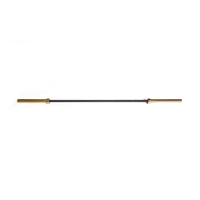 The Bells of Steel Olympic Weightlifting Barbell features a black shaft and gold-colored sleeves, shown isolated on a white background.