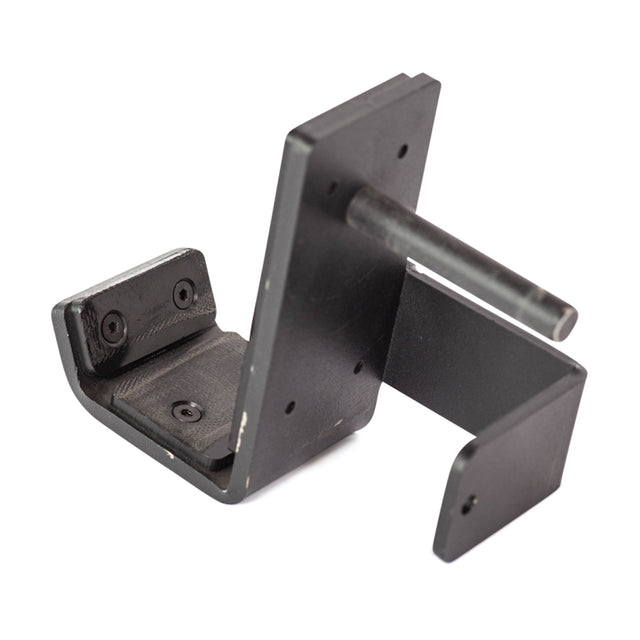 The Bells of Steel Standard J-Cups feature a black metal bracket with a cylindrical rod and multiple mounting holes, designed for wall or surface attachment—ideal for securely supporting or hanging power rack accessories.