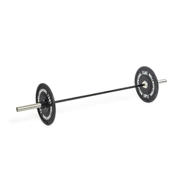 The Bells of Steel Juno Bar - Women’s Utility Bar, a black 25mm barbell with round weight plates featuring white lettering, is perfect for women or those with small hands. It rests on a white background.