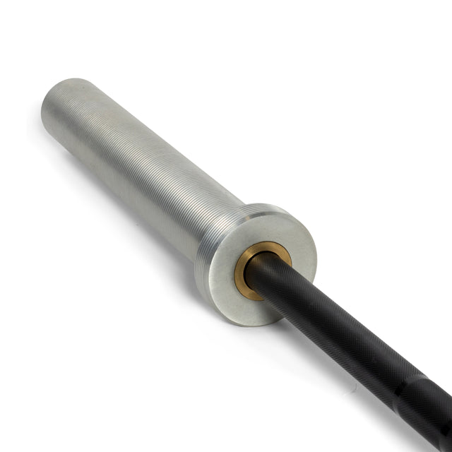 Close-up of the Bells of Steel Juno Bar - Women’s Utility Bar, showing its silver knurled sleeve and black textured shaft; this 25mm barbell is perfect for small hands and women's weightlifting.