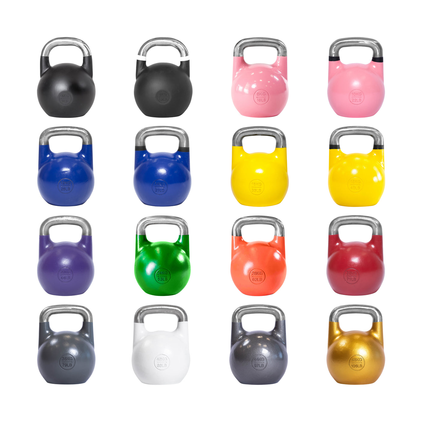 Sixteen Bells of Steel Competition Kettlebells are arranged in four rows on a white background, displaying various vibrant colors. Each kettlebell boasts an ergonomic design, making them ideal for serious kettlebell sport athletes.