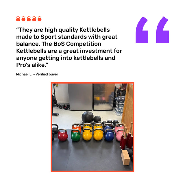 A row of colorful Bells of Steel Competition Kettlebells is lined up on a gym floor in front of various workout equipment, with a customer review highlighting the quality of the kettlebells displayed above the image.