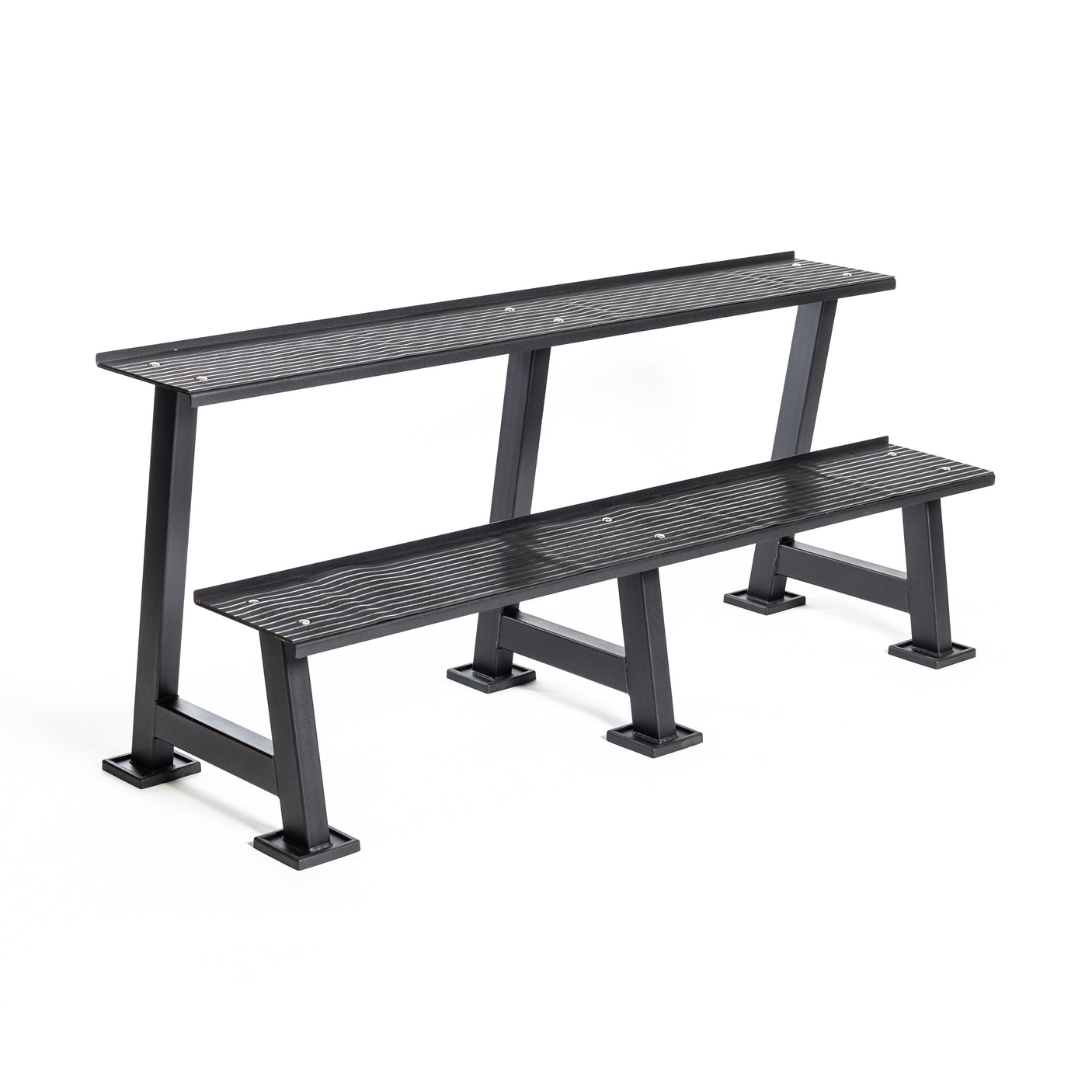 The Bells of Steel Kettlebell Rack is a black, two-tier metal bench with horizontal slats and sturdy square legs, ideal for storing kettlebells in your home gym or as durable outdoor seating.