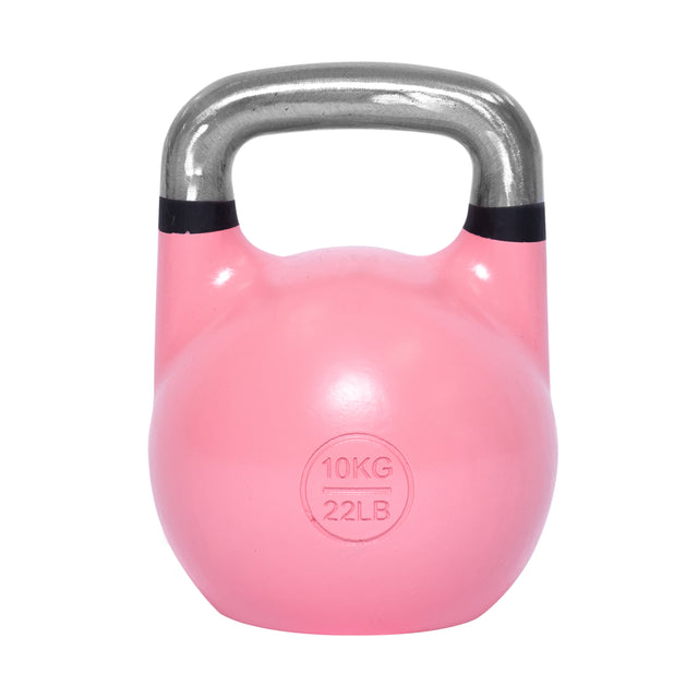 The Bells of Steel Competition Kettlebell features an ergonomic pink design, metallic handle, and front labels showing "10 KG" and "22 LB.