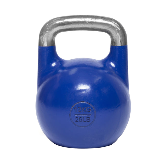 The Bells of Steel Competition Kettlebells in blue with a silver handle, marked "12KG" and "26LB," features an ergonomic design for comfort, displayed on a white background.