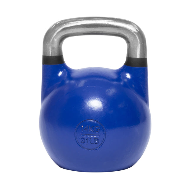 The Bells of Steel Competition Kettlebell in blue with a silver handle is displayed on a white background. Its front label shows the weight—14 kg (31 lbs)—and it features an ergonomic design, perfect for kettlebell sport.