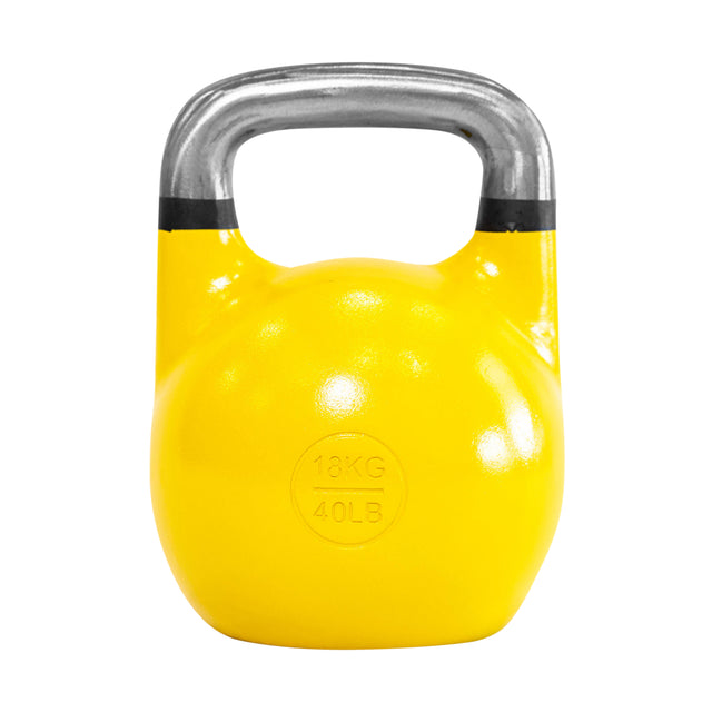 The Bells of Steel Competition Kettlebells feature a bright yellow finish, a metallic ergonomic handle, and clear “18 KG” and “40 LB” markings—perfect for kettlebell sport enthusiasts who value precision and comfort.