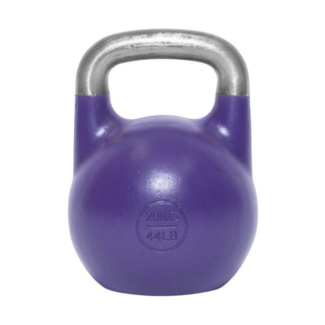 The Bells of Steel Competition Kettlebell, in purple with a metallic handle, features an ergonomic design and "20KG" and "44LB" markings on the front. It is isolated on a white background.
