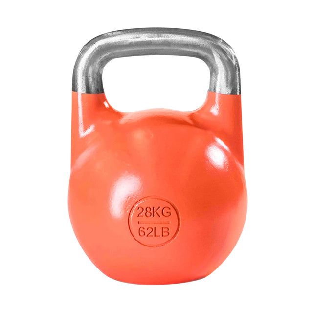 The Bells of Steel Competition Kettlebell in bright orange with a silver handle features "28KG" and "62LB" embossed on the front, showcasing its ergonomic design against a white background.