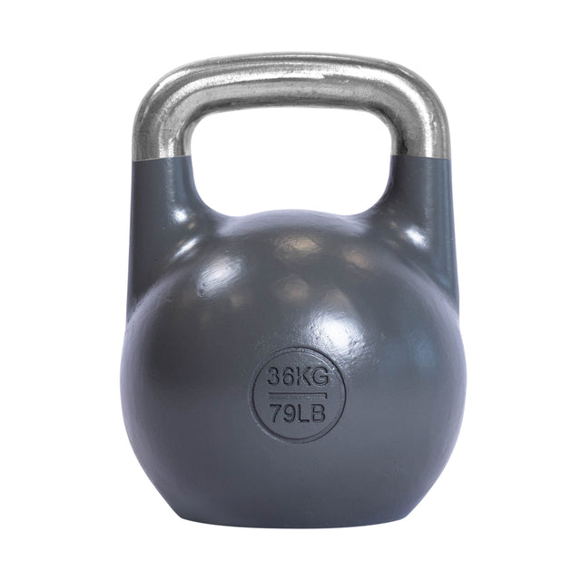 A Bells of Steel Competition Kettlebell, gray with an ergonomic design and metallic handle, displays "36 KG" and "79 LB" on the front and is pictured against a plain white background.