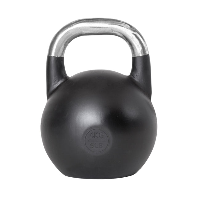 The Bells of Steel Competition Kettlebell, shown on a white background, features an ergonomic black body, shiny silver handle, and a clear label showing its weight of 4 kilograms (9 pounds).