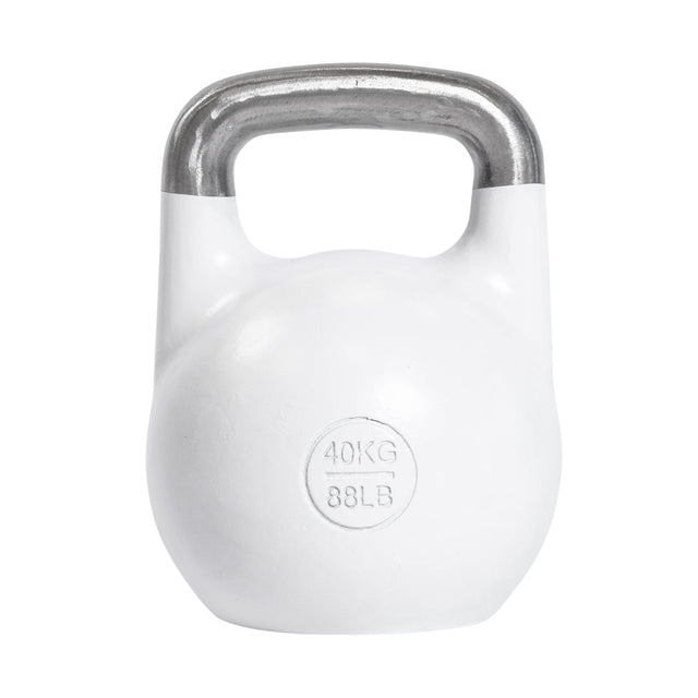 The Bells of Steel Competition Kettlebell in white, with a metallic handle and “40KG/88LB” markings, boasts an ergonomic design and is shown isolated on a white background.